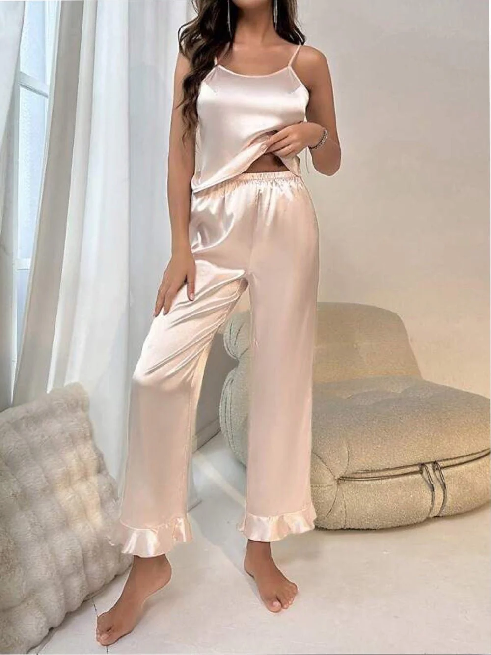 Tie Backless Satin Cami Top & Ruffle Hem Pants Set - Image 5