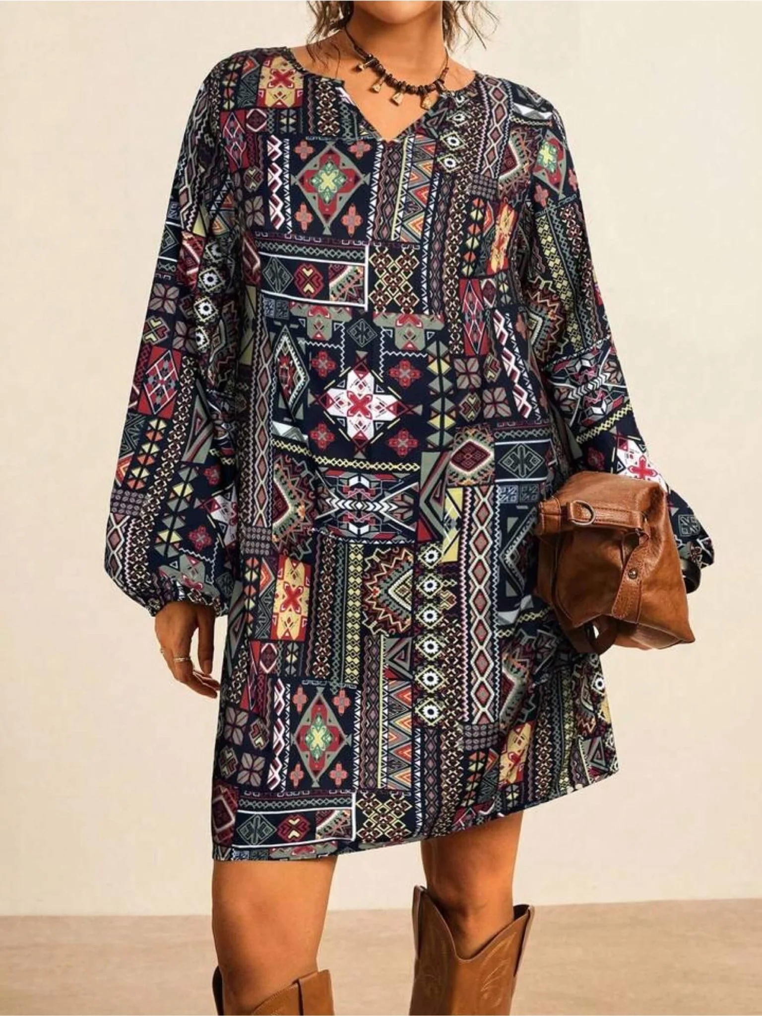 Tribal Geometric Patchwork Print Tunic Dress - Long Sleeve Boho Mini