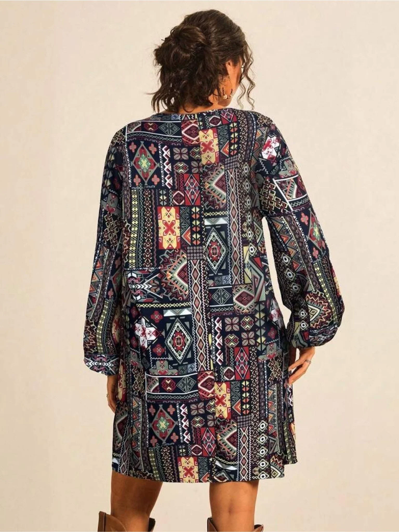 Tribal Geometric Patchwork Print Tunic Dress - Long Sleeve Boho Mini - Image 2