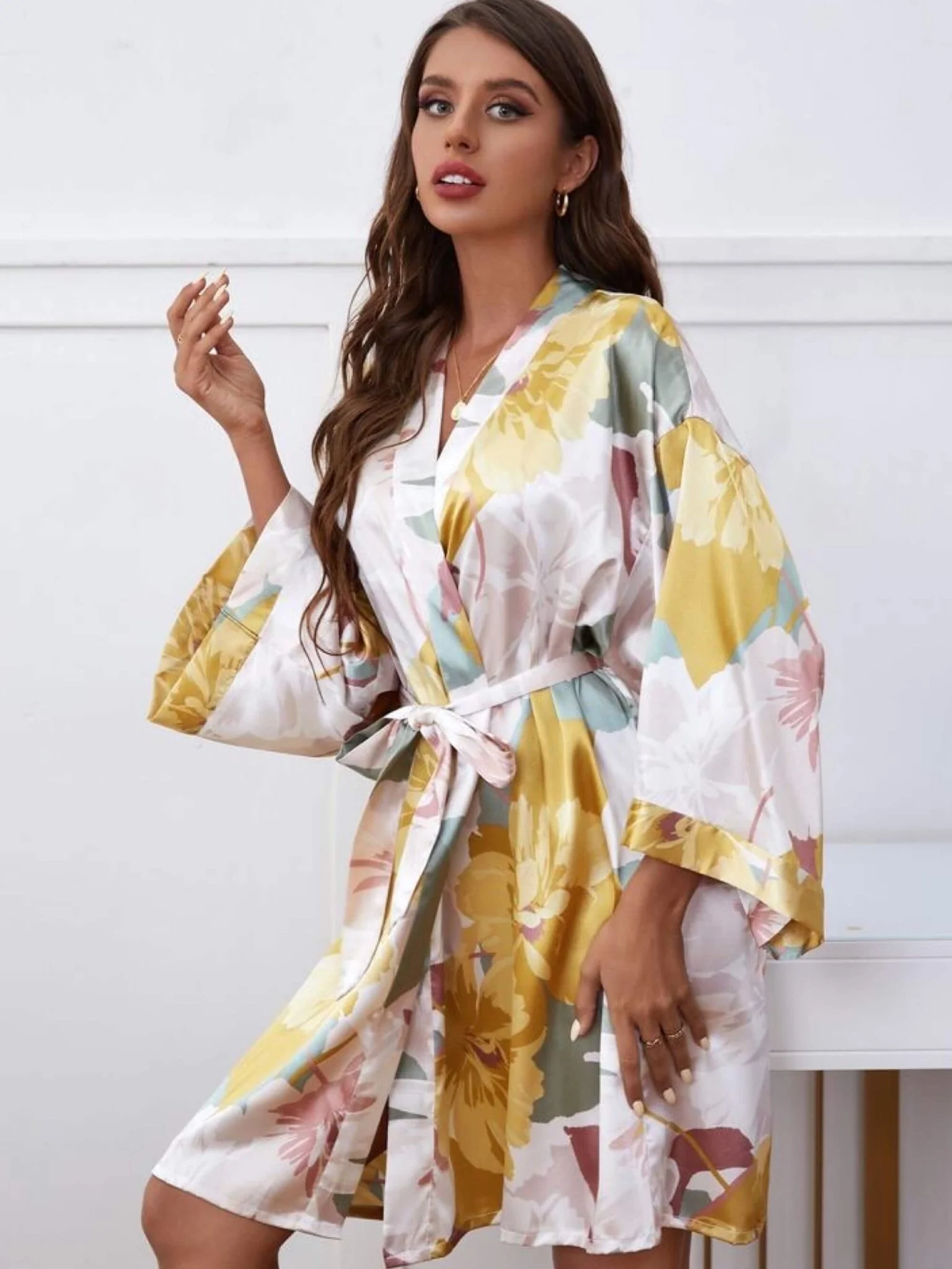 Tropical Floral Printed Kimono Robe - Image 3