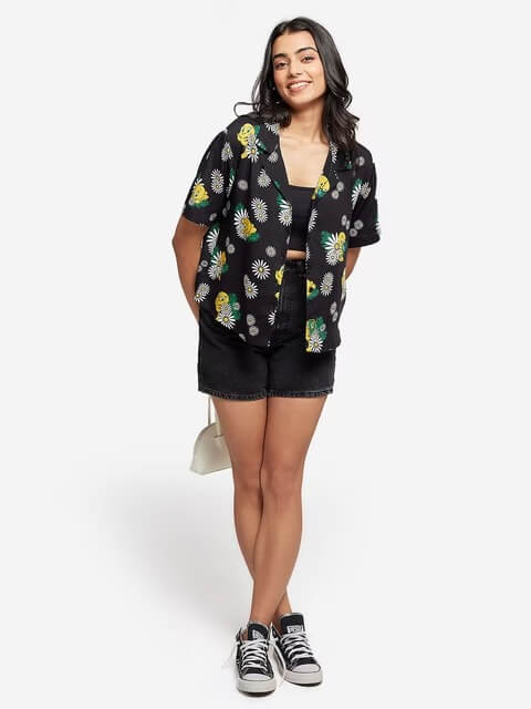 Tweety Bird Daisy Print Relaxed Resort Shirt - Black Floral Button-Down