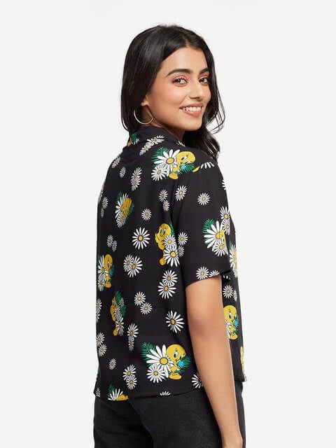 Tweety Bird Daisy Print Relaxed Resort Shirt - Black Floral Button-Down - Image 3