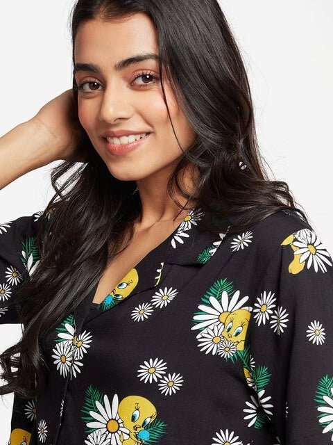 Tweety Bird Daisy Print Relaxed Resort Shirt - Black Floral Button-Down - Image 4