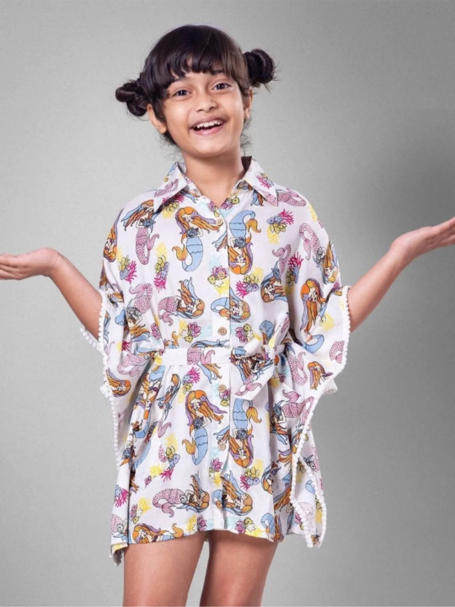 Under-the-Sea Mermaid Print Pom-Pom Kaftan - Girls Button-Up Summer Dress