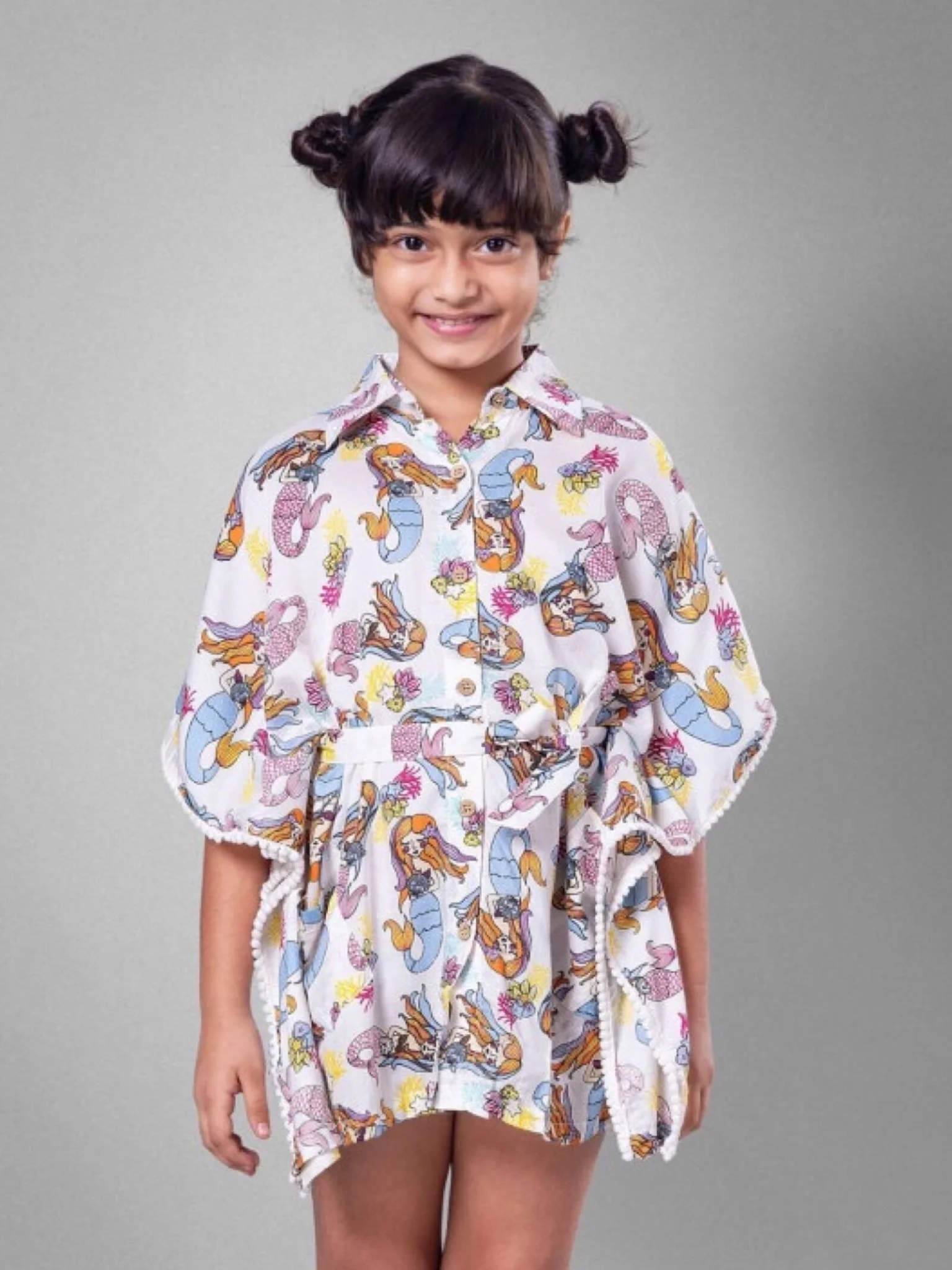 Under-the-Sea Mermaid Print Pom-Pom Kaftan - Girls Button-Up Summer Dress - Image 2