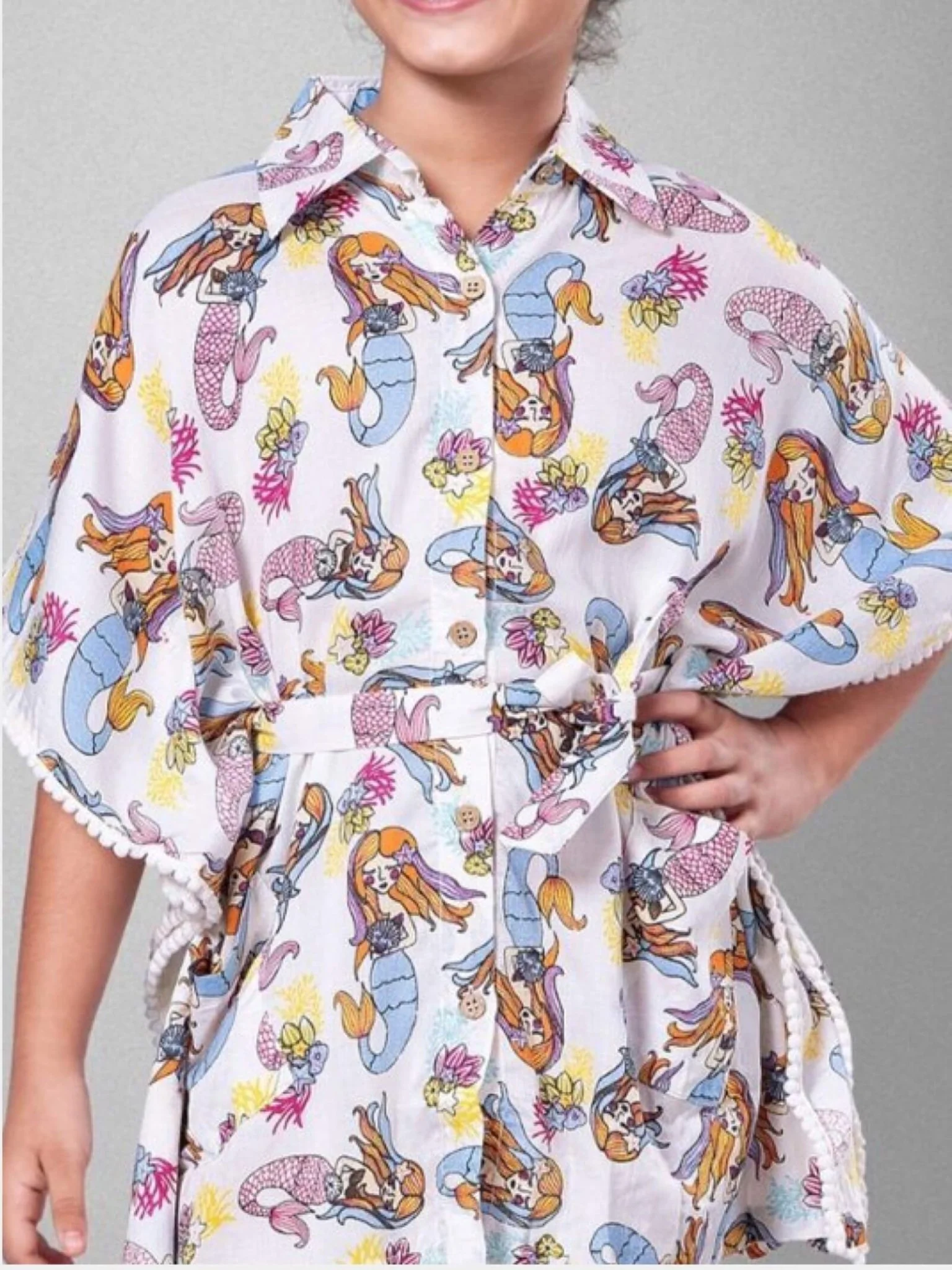 Under-the-Sea Mermaid Print Pom-Pom Kaftan - Girls Button-Up Summer Dress - Image 3