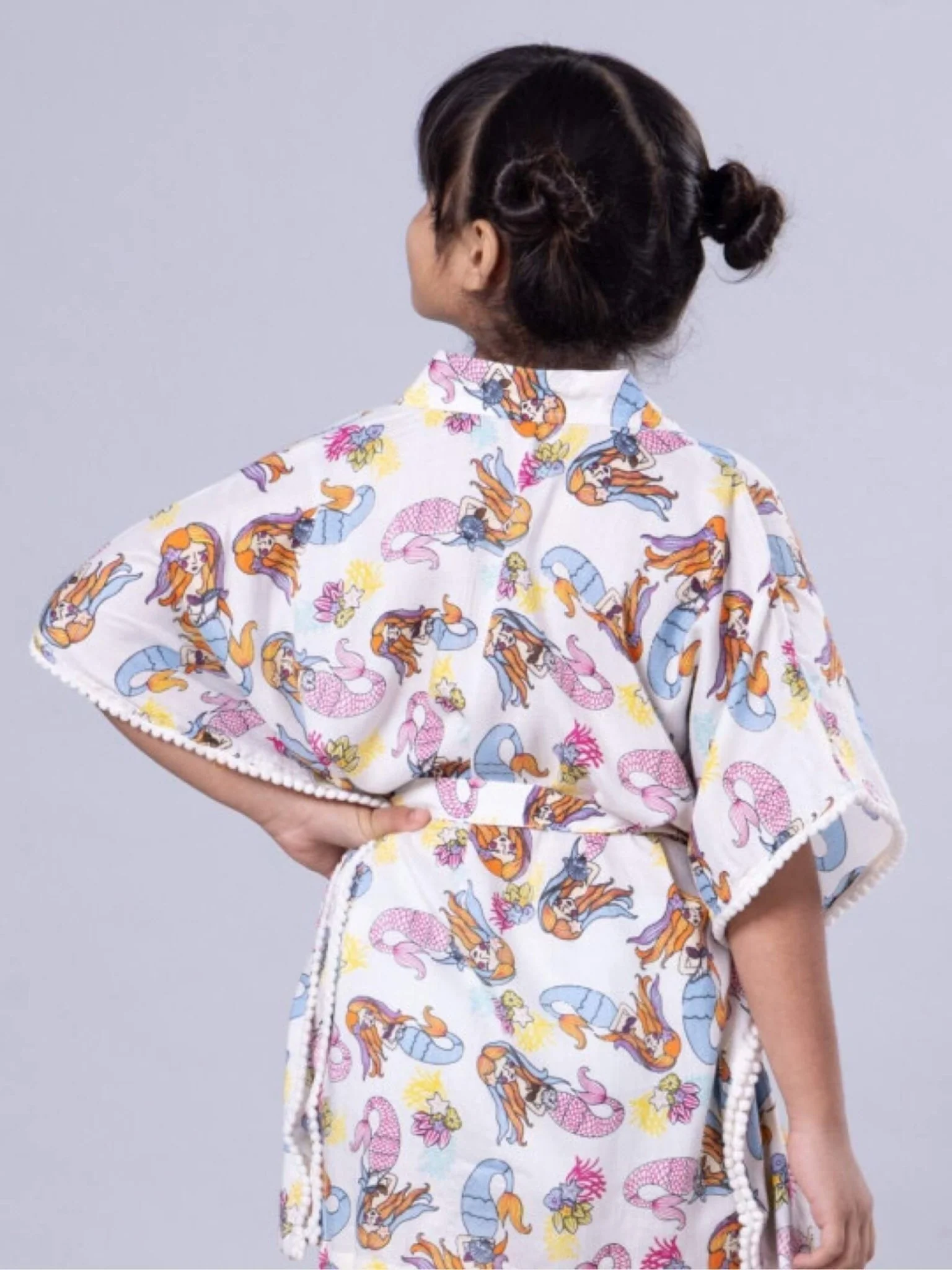 Under-the-Sea Mermaid Print Pom-Pom Kaftan - Girls Button-Up Summer Dress - Image 4