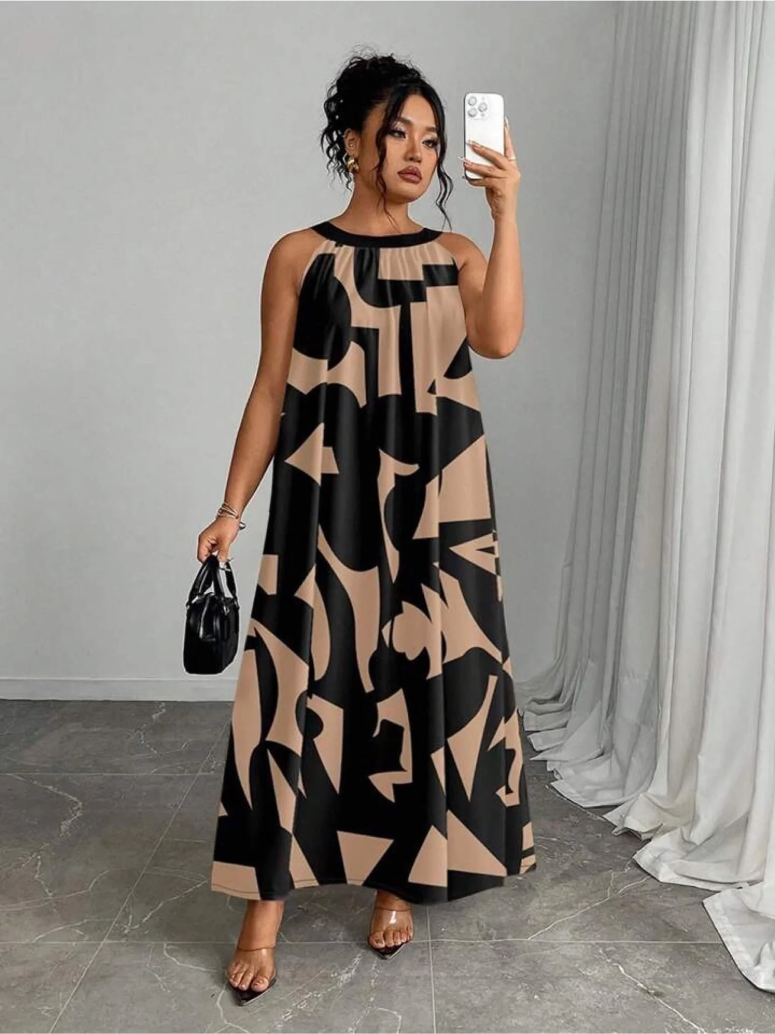 Urban Muse Black and Beige Abstract Graphic Print Halter Neck Maxi Dress