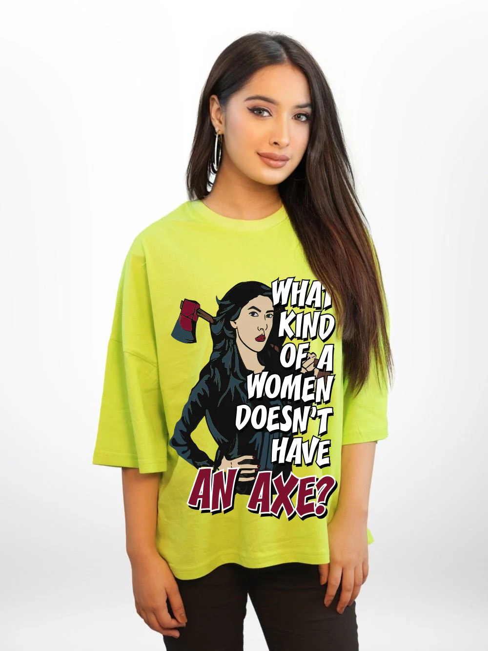 WHAT KIND OF A WOMAN DOSEN'T HAVE AN AXE Graphic Printed Womens Drop Shoulder T-shirt Legacy Boutiques Bangladesh - Image 3