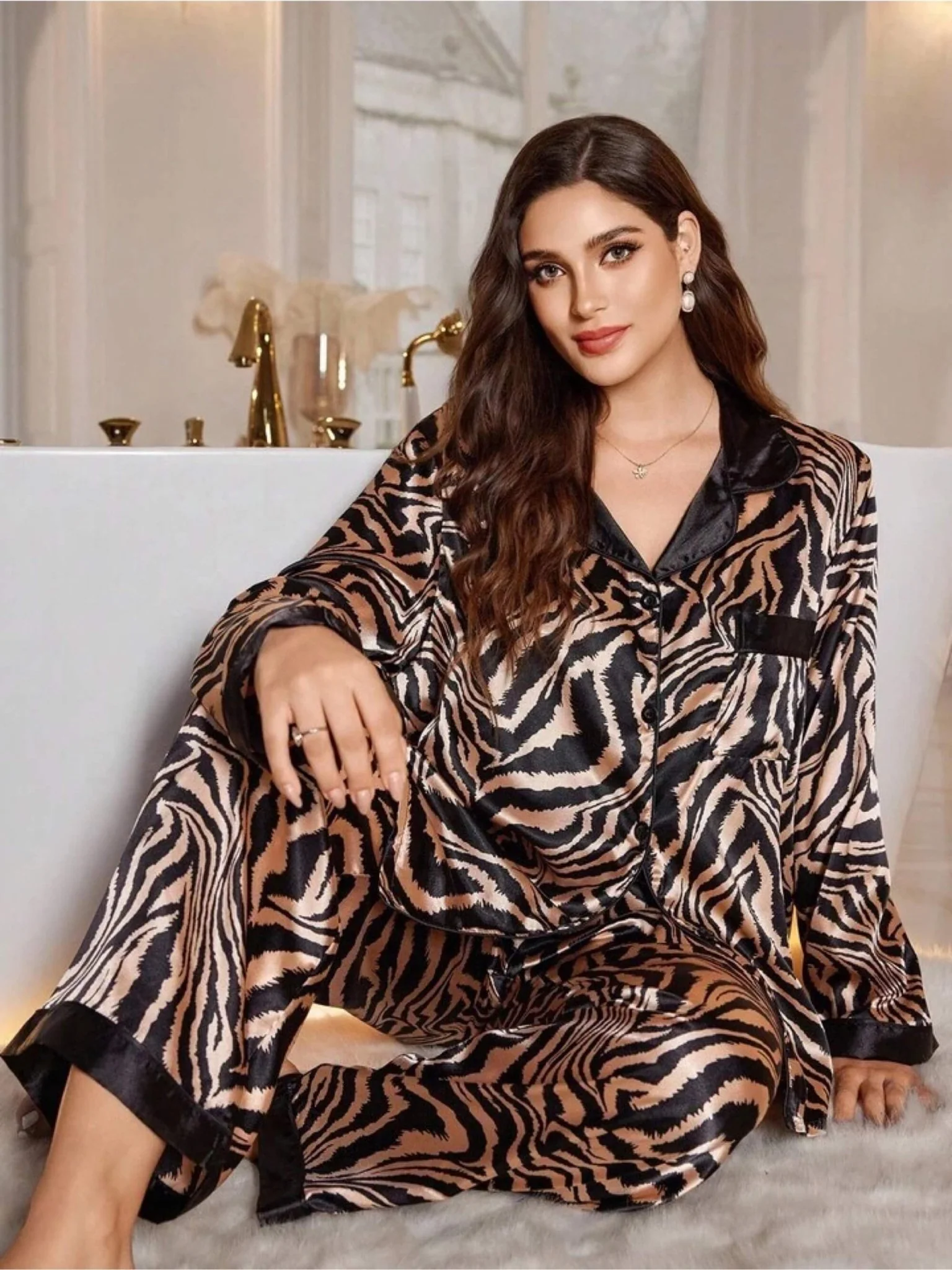 Wild Intuition Zebra Print 2-Piece Satin Nighty Set with Black Trim - Image 2
