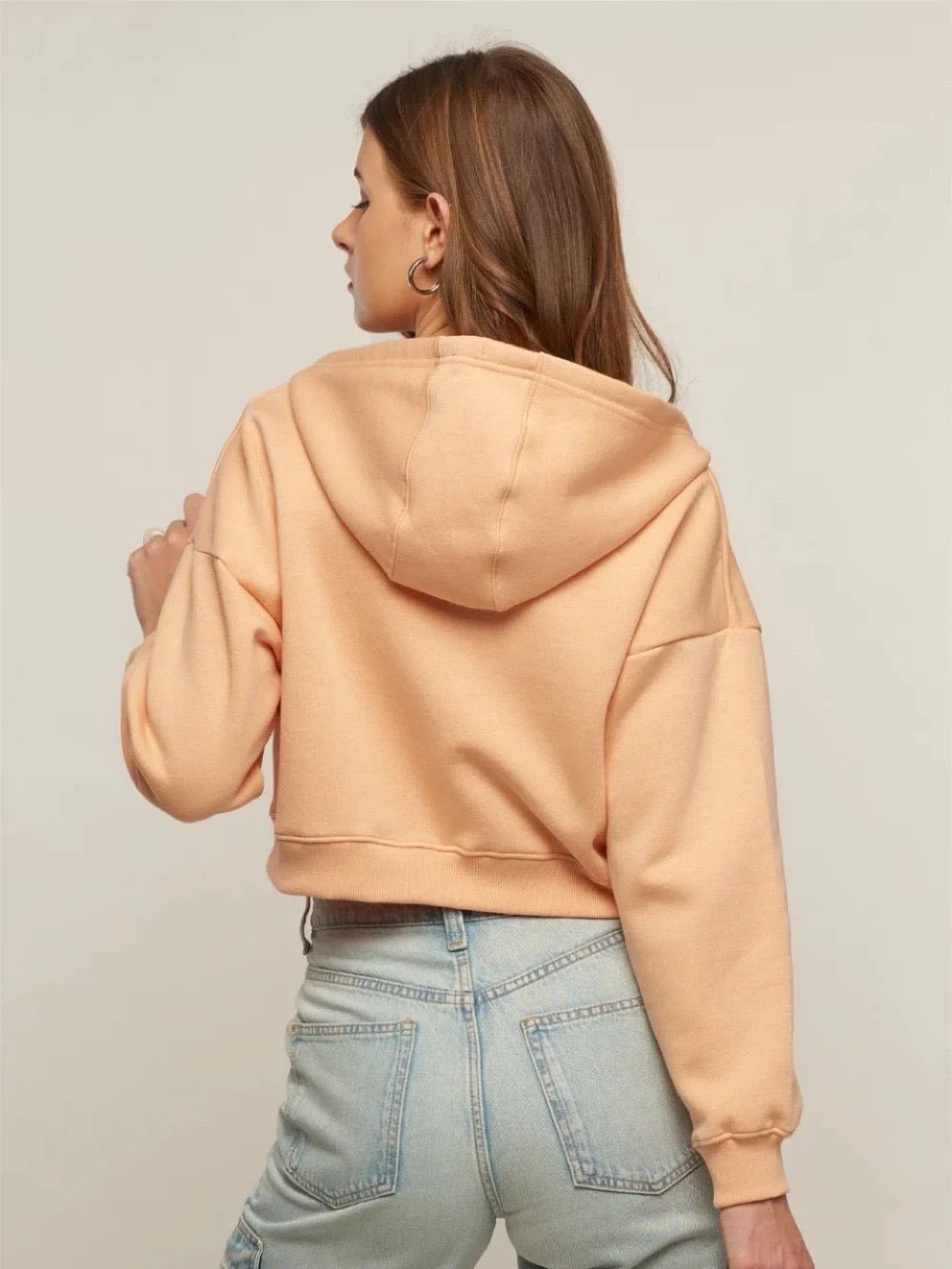 Women and Girls Hoodies|Full Sleeve|Loose fit Solid |100% Cotton Peach Color Women Cropped Oversized Hoodies - Image 3
