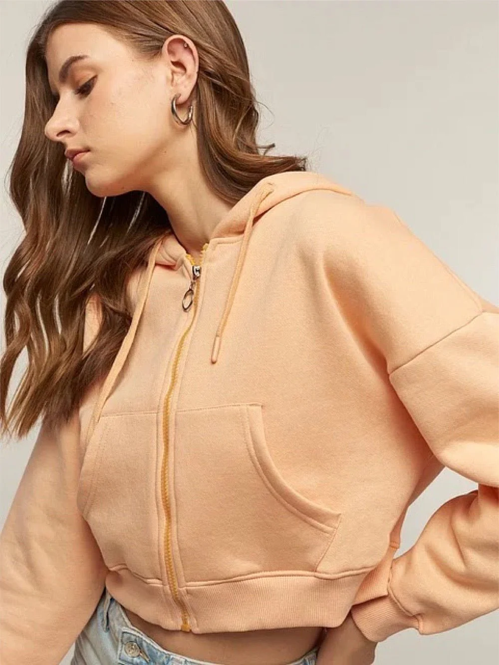 Women and Girls Hoodies|Full Sleeve|Loose fit Solid |100% Cotton Peach Color Women Cropped Oversized Hoodies - Image 4