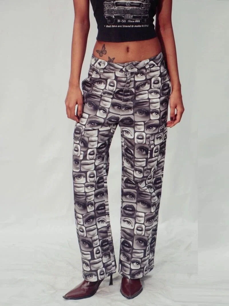 Women’s All-Over Print Cargo Trousers Cinematic Grid