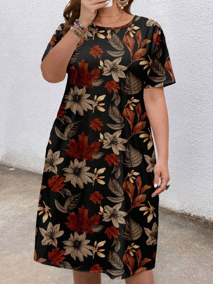 Women’s Floral A-Line Midi Dress Short Sleeve T-Shirt Dres Autumnal Palette