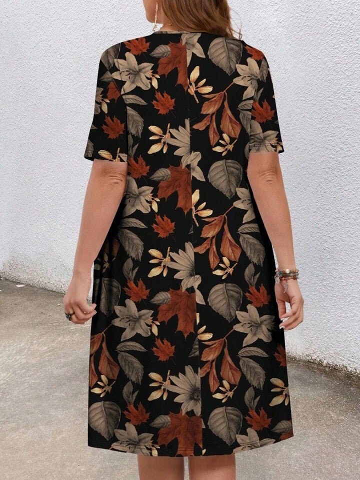 Women’s Floral A-Line Midi Dress Short Sleeve T-Shirt Dres Autumnal Palette - Image 2