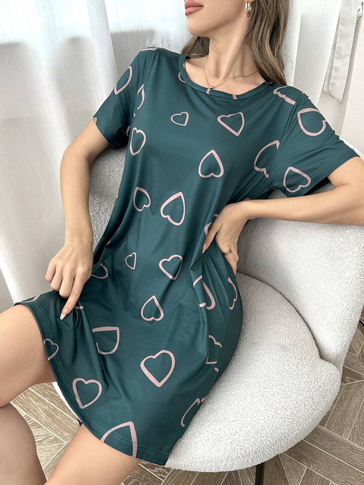 Women’s Heart Print T-Shirt Dress Sleepwear