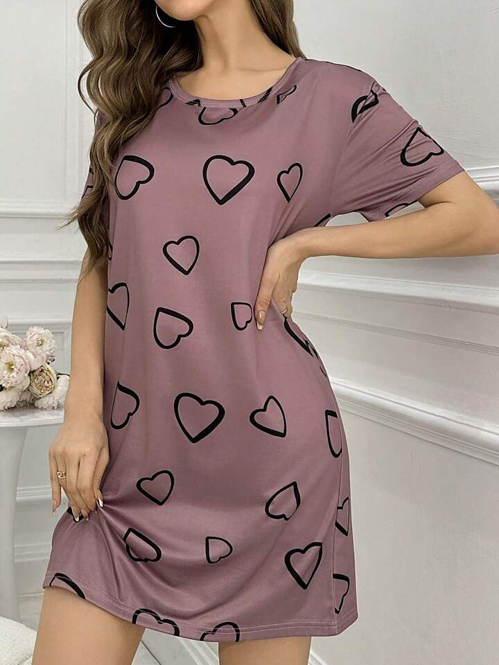 Women’s Heart Print T-Shirt Dress Sleepwear - Image 2