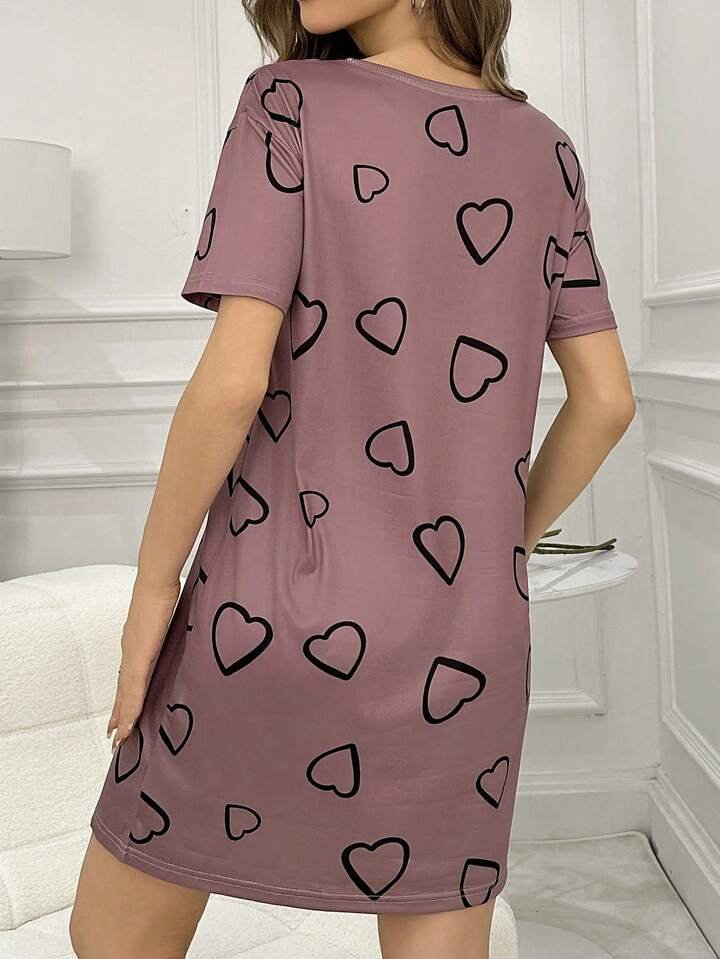 Women’s Heart Print T-Shirt Dress Sleepwear - Image 3