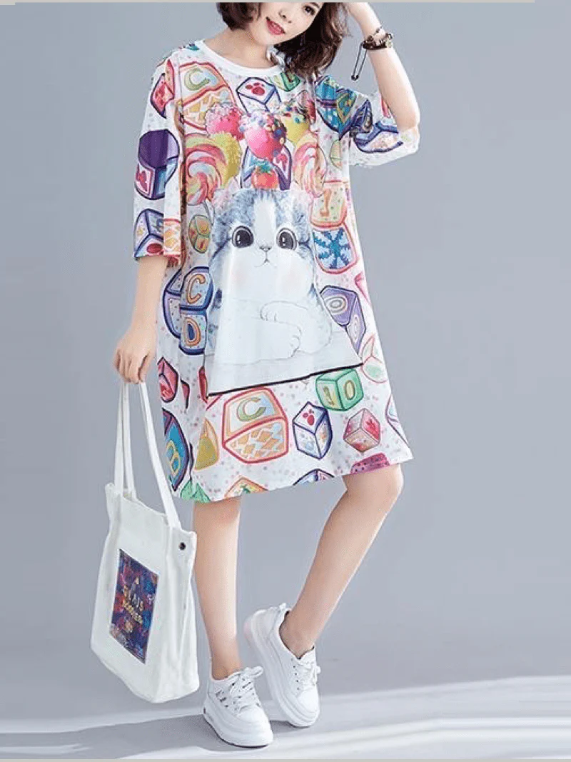 Women’s Sweet Kitty & Toy Blocks Allover Graphic Print T-Shirt Dress Kawaii Loungewear