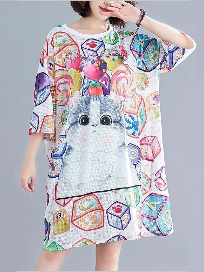Women’s Sweet Kitty & Toy Blocks Allover Graphic Print T-Shirt Dress Kawaii Loungewear - Image 2