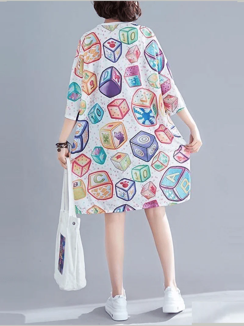 Women’s Sweet Kitty & Toy Blocks Allover Graphic Print T-Shirt Dress Kawaii Loungewear - Image 3