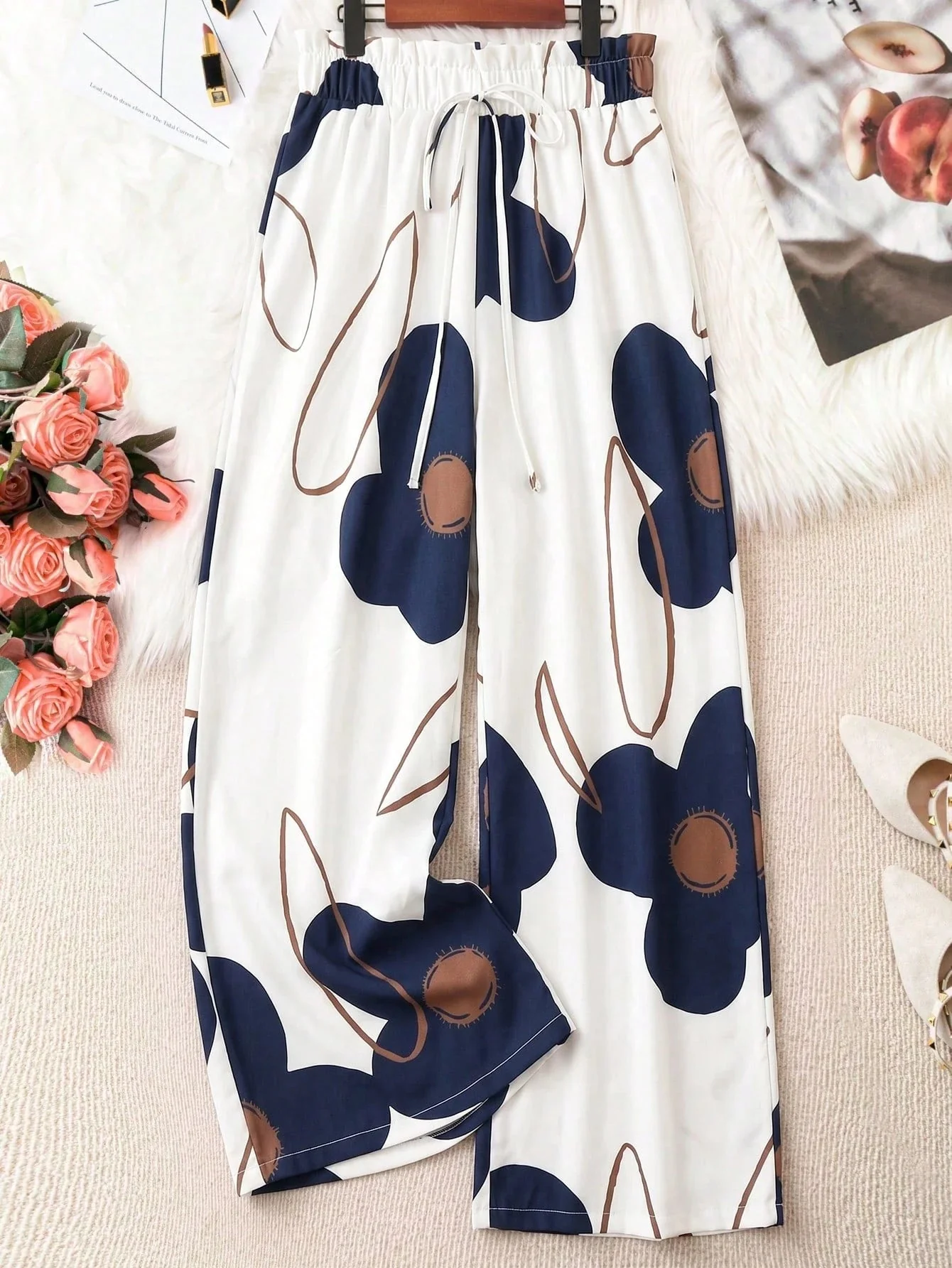 Women’s Wide-Leg Palazzo Pants High-Waisted Lounge Midnight Bloom