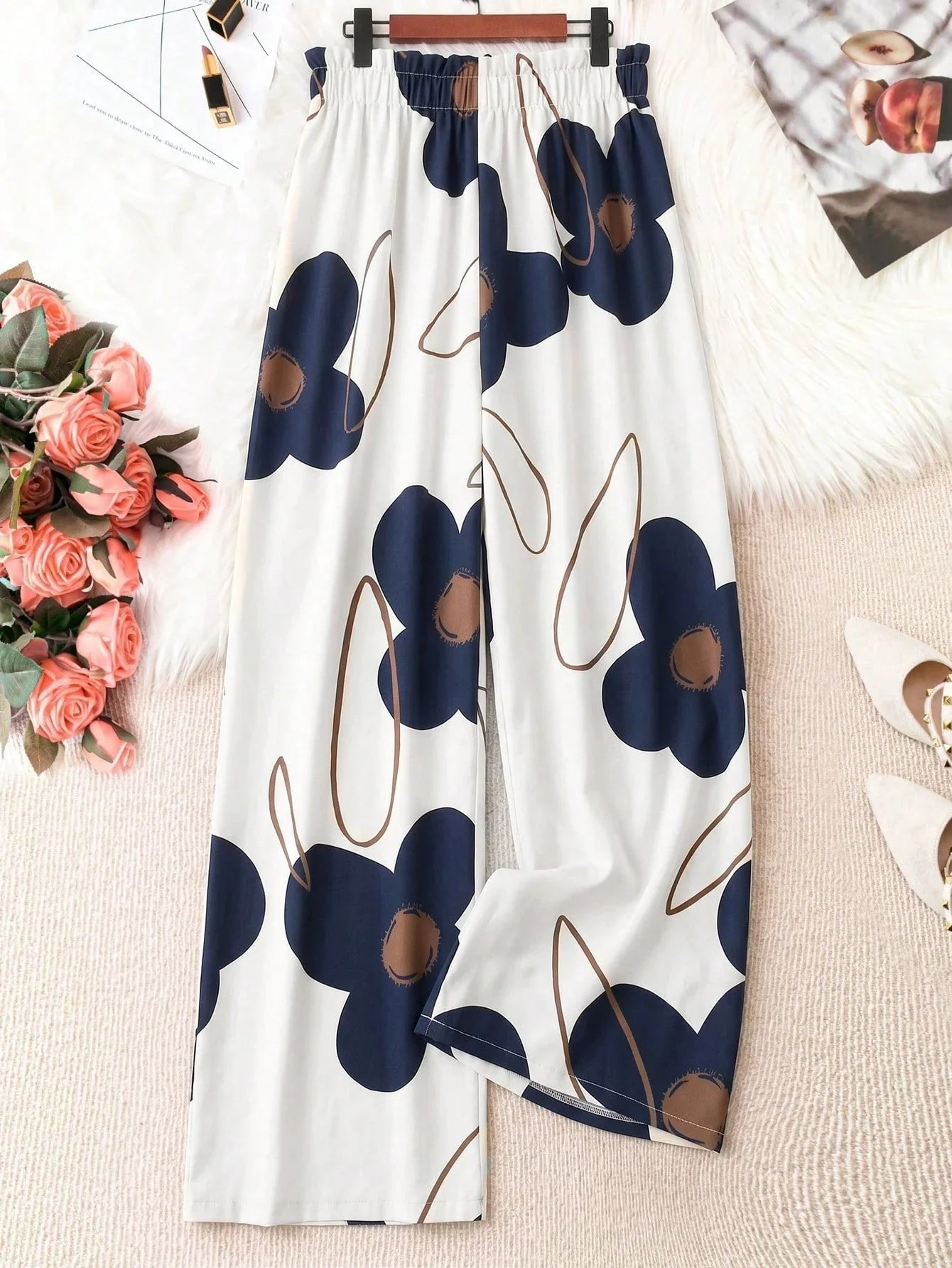 Women’s Wide-Leg Palazzo Pants High-Waisted Lounge Midnight Bloom - Image 3