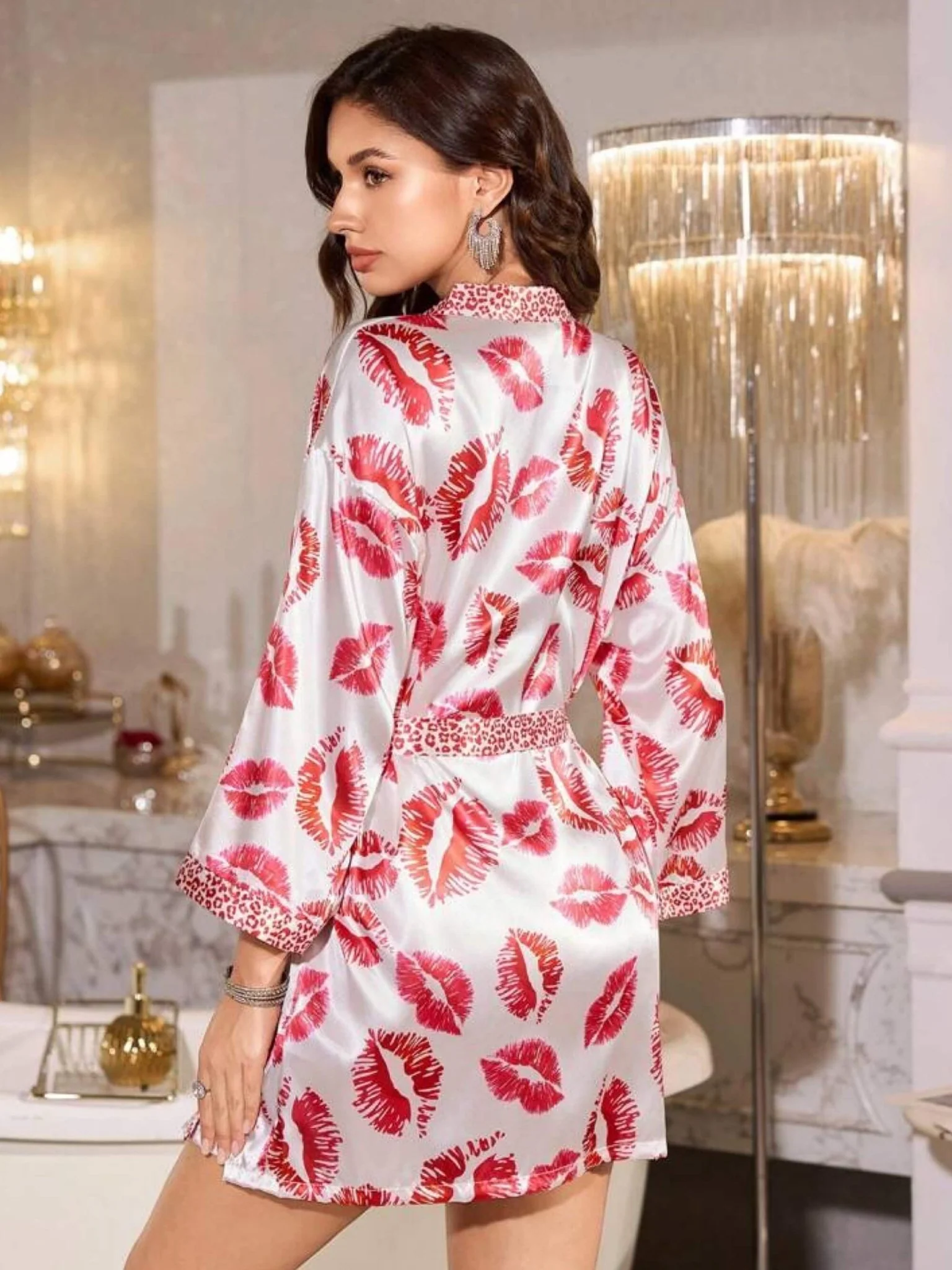Women's Elegant Satin Kimono Robe With Vibrant Lips Print And Chic Leopard Trim. Luxurious V-Neck Thigh-Length Sleepwear Perfect For Nights - Image 2