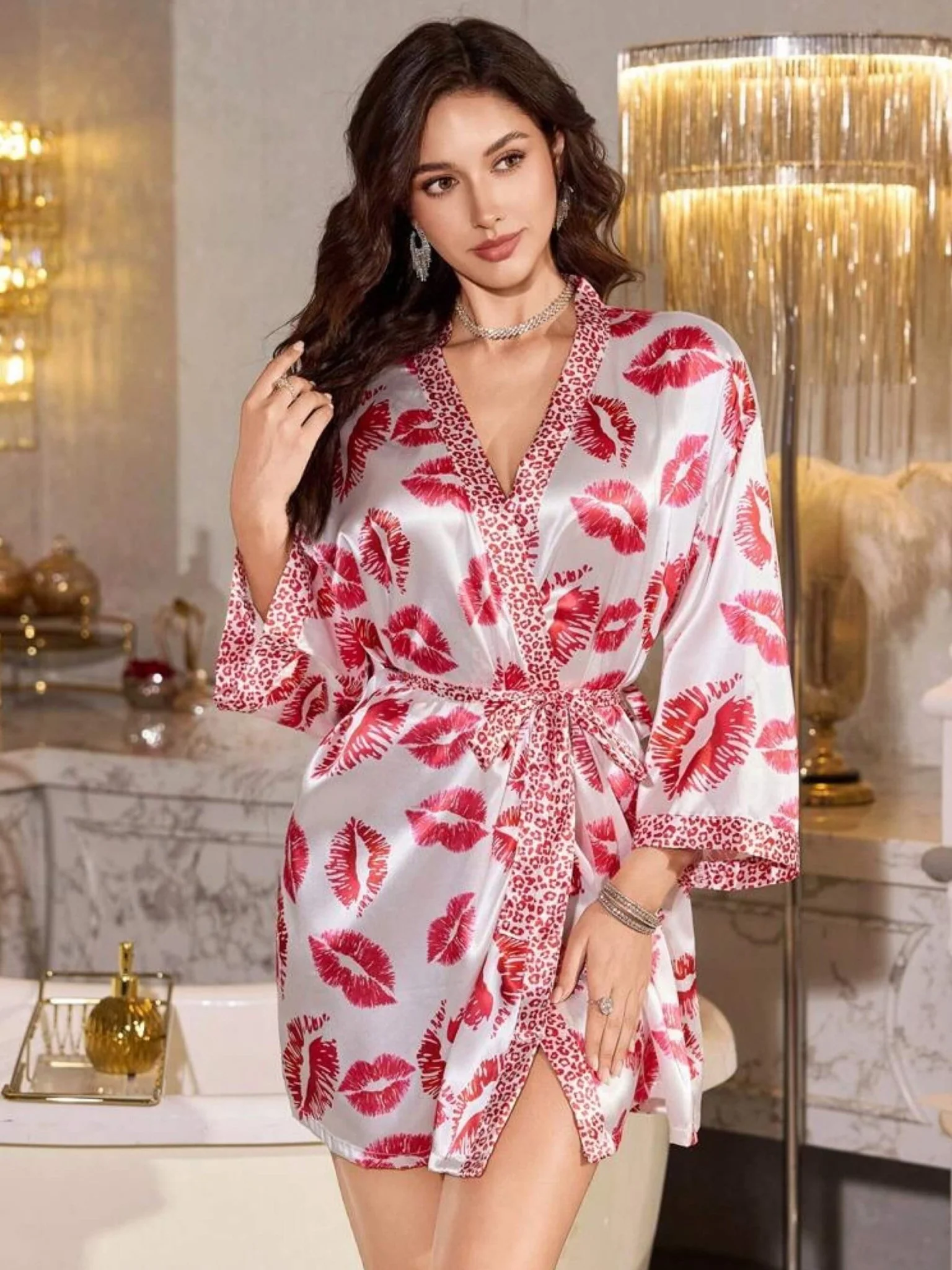 Women's Elegant Satin Kimono Robe With Vibrant Lips Print And Chic Leopard Trim. Luxurious V-Neck Thigh-Length Sleepwear Perfect For Nights - Image 3