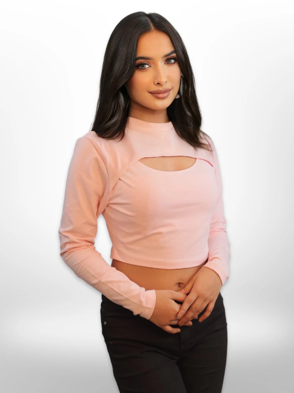 Womens Fashionable Front Cut Out Full Sleeve Crop Tops - Image 3