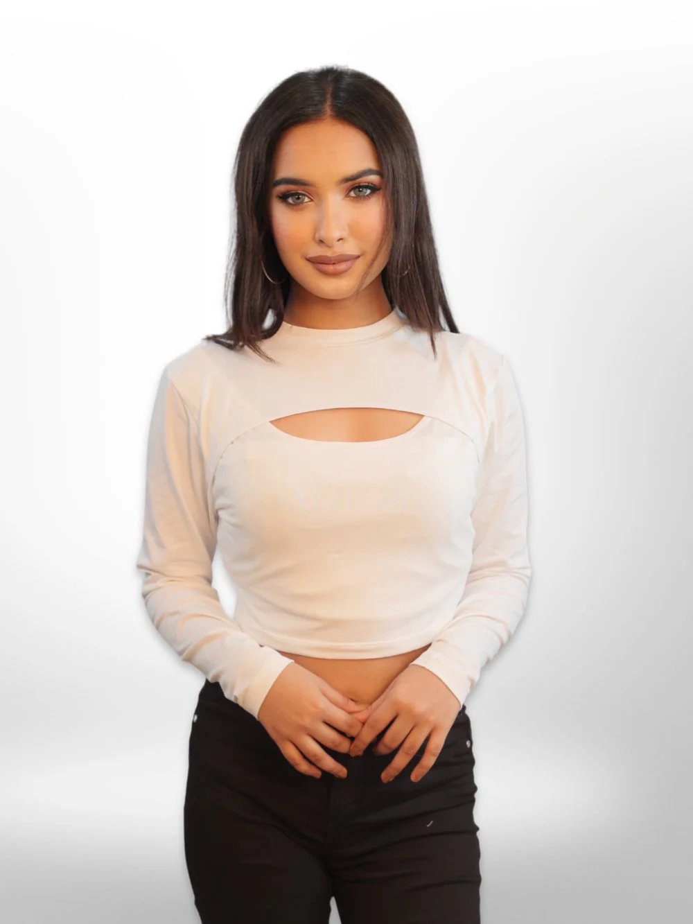 Womens Fashionable Front Cut Out Full Sleeve Crop Tops - Image 5