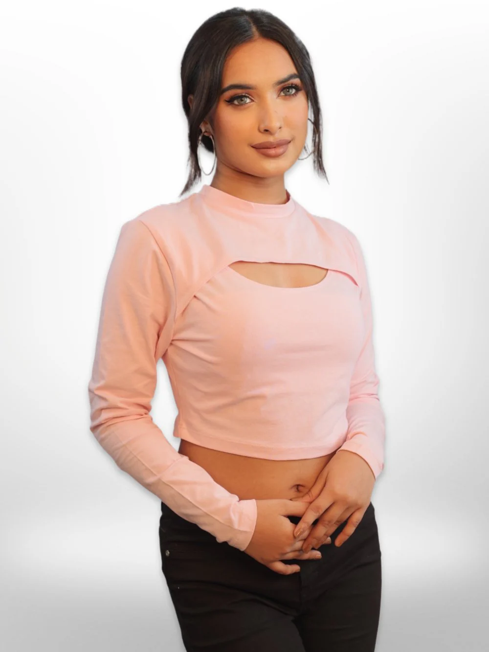 Womens Fashionable Front Cut Out Full Sleeve Crop Tops - Image 7