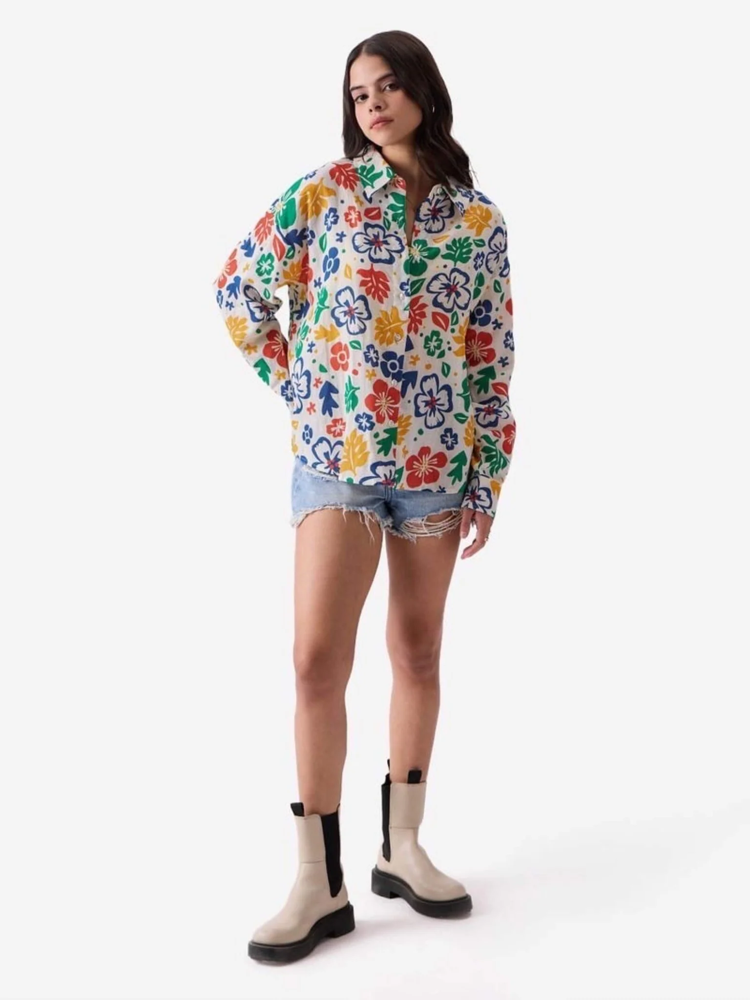 Women's Island Bloom Multi-Color Floral Oversized Button-Down Shirt