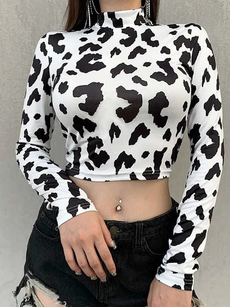 Women's Mock Neck Cow Print Full Sleeve Crop Top