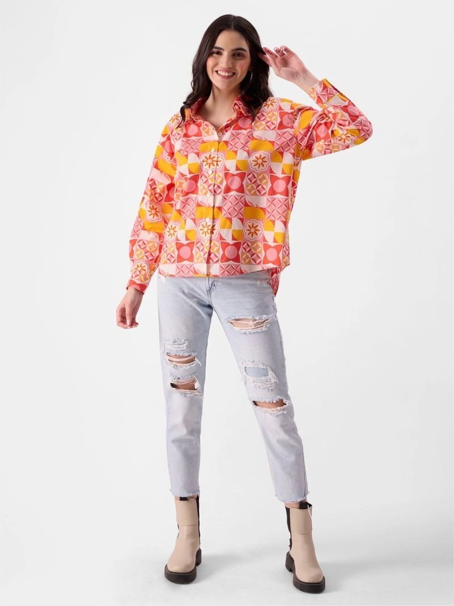 Women's Retro Geometric Floral Print Oversized Shirt in Coral & Gold