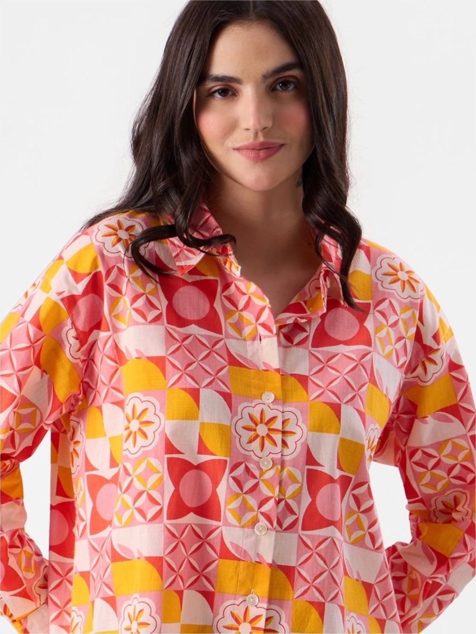 Women's Retro Geometric Floral Print Oversized Shirt in Coral & Gold - Image 2