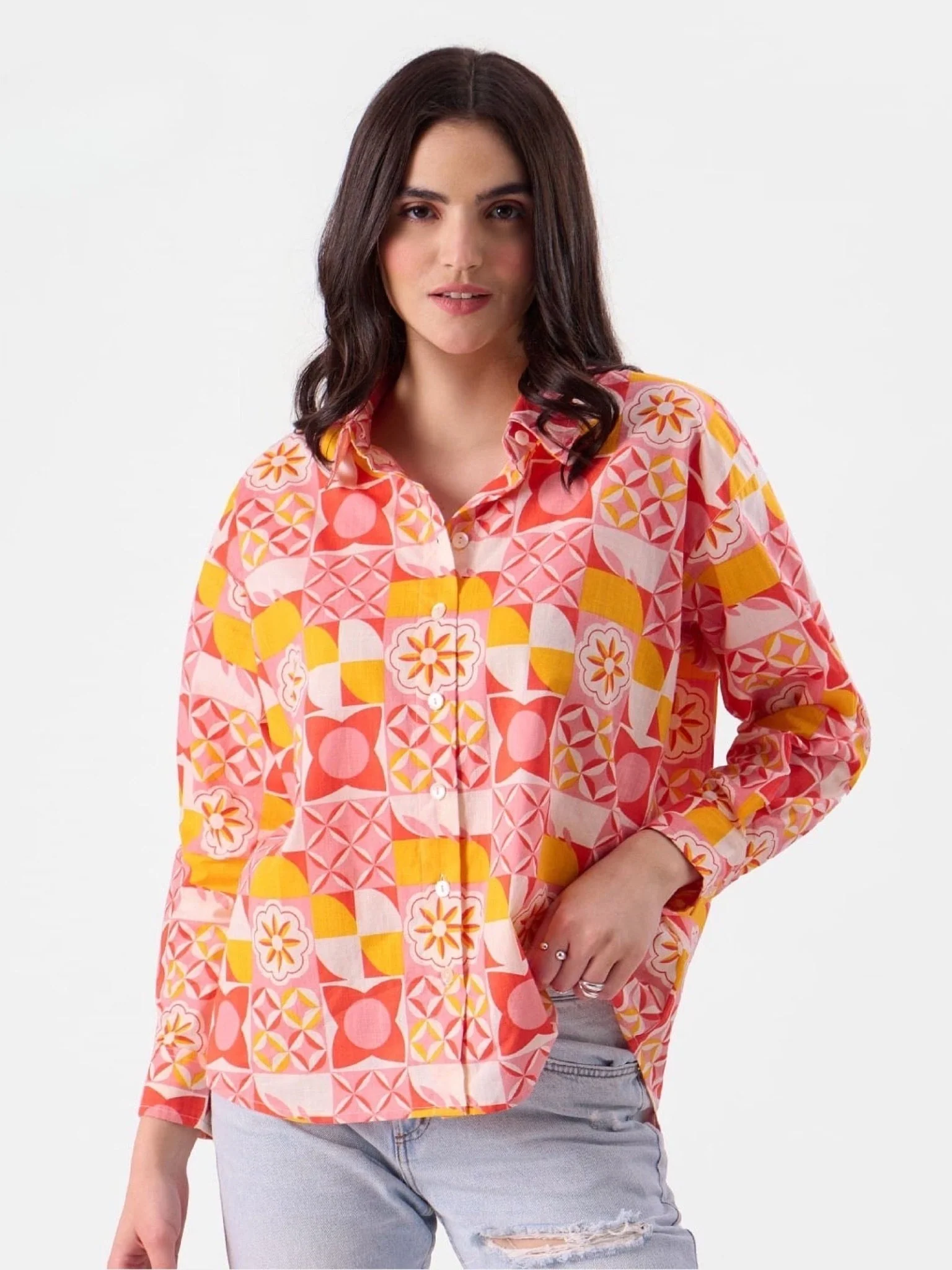 Women's Retro Geometric Floral Print Oversized Shirt in Coral & Gold - Image 3