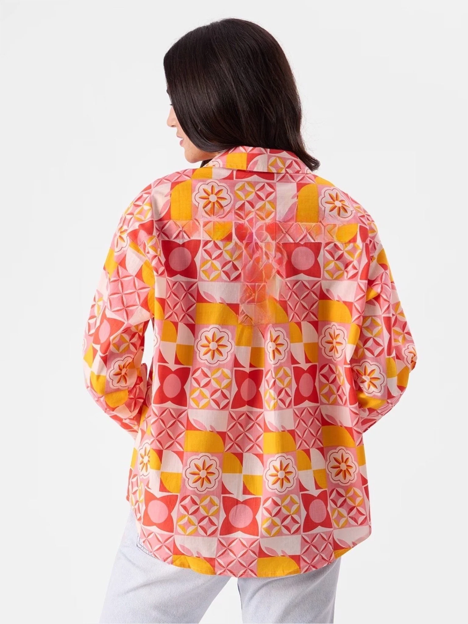 Women's Retro Geometric Floral Print Oversized Shirt in Coral & Gold - Image 4