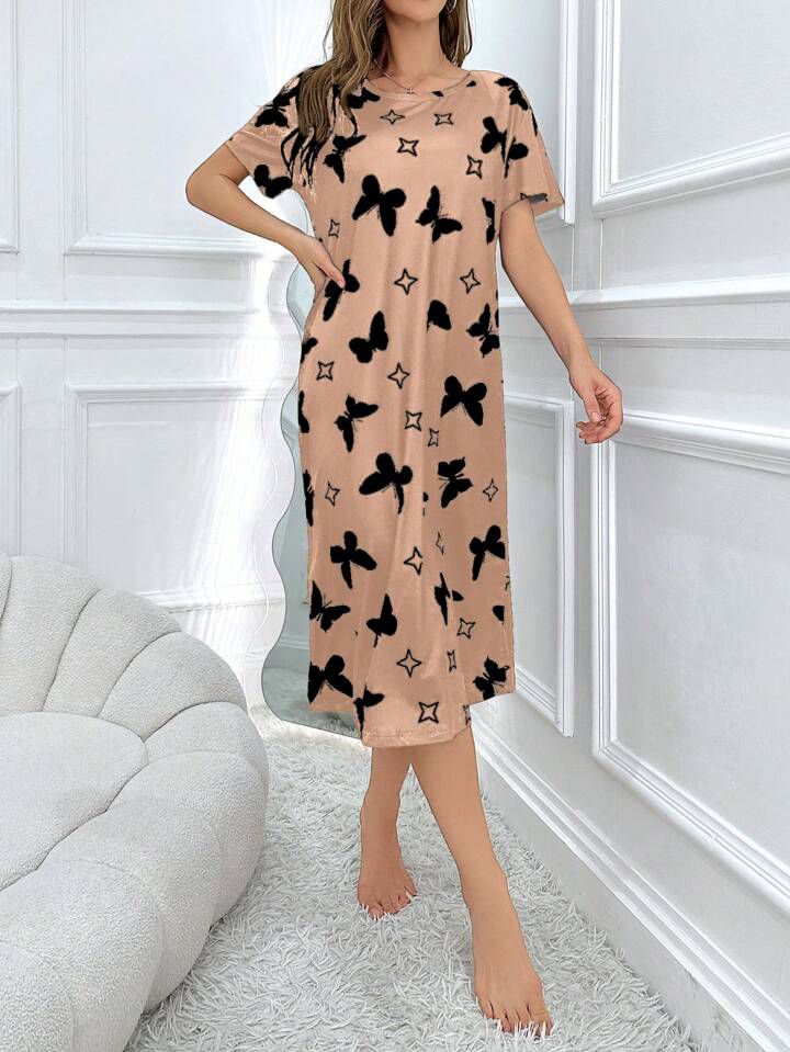 Women's soft summer nightshirt, plus size, short sleeve, mid length, butterfly print | Legacy Boutiques Dhaka BD