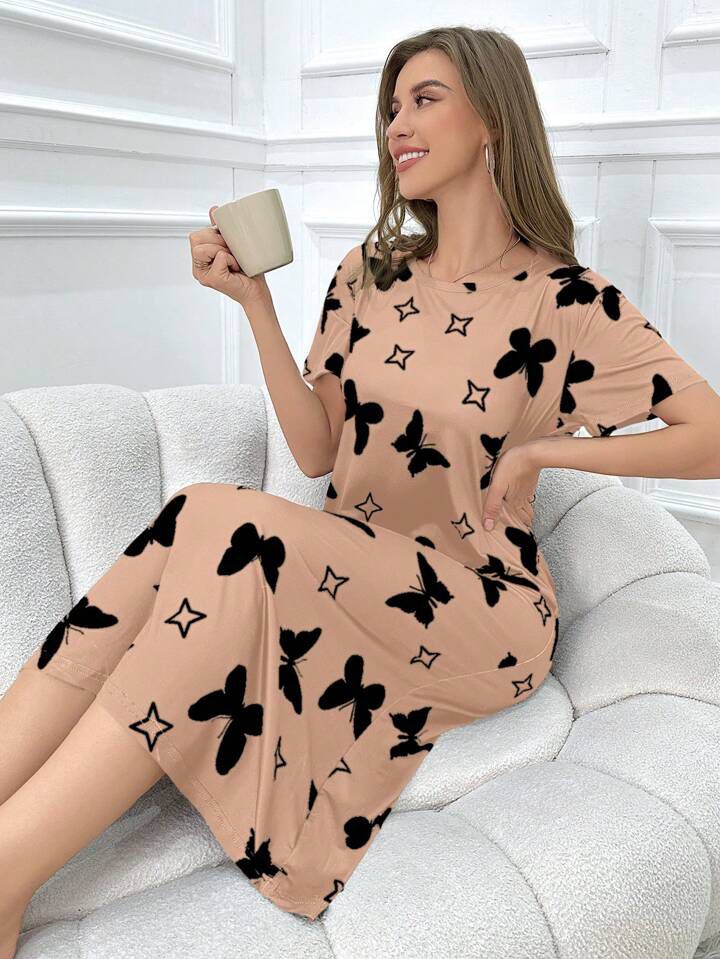 Women's soft summer nightshirt, plus size, short sleeve, mid length, butterfly print | Legacy Boutiques Dhaka BD - Image 2