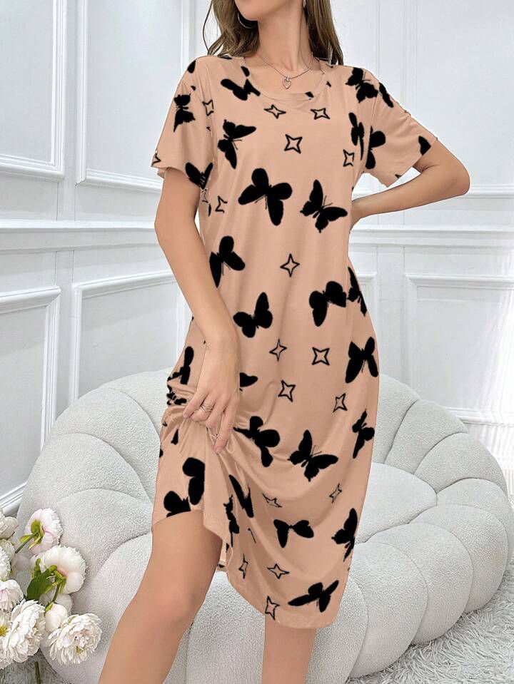 Women's soft summer nightshirt, plus size, short sleeve, mid length, butterfly print | Legacy Boutiques Dhaka BD - Image 3
