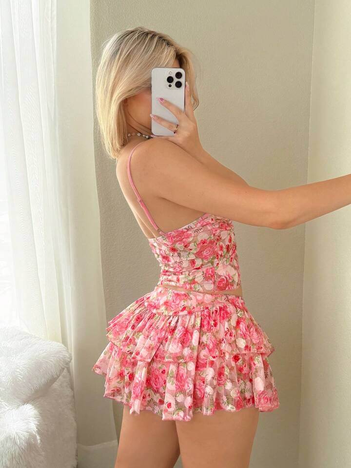 Women's Two-Piece Floral Print Crop Top and Tiered Ruffle Skirt Set - Image 2