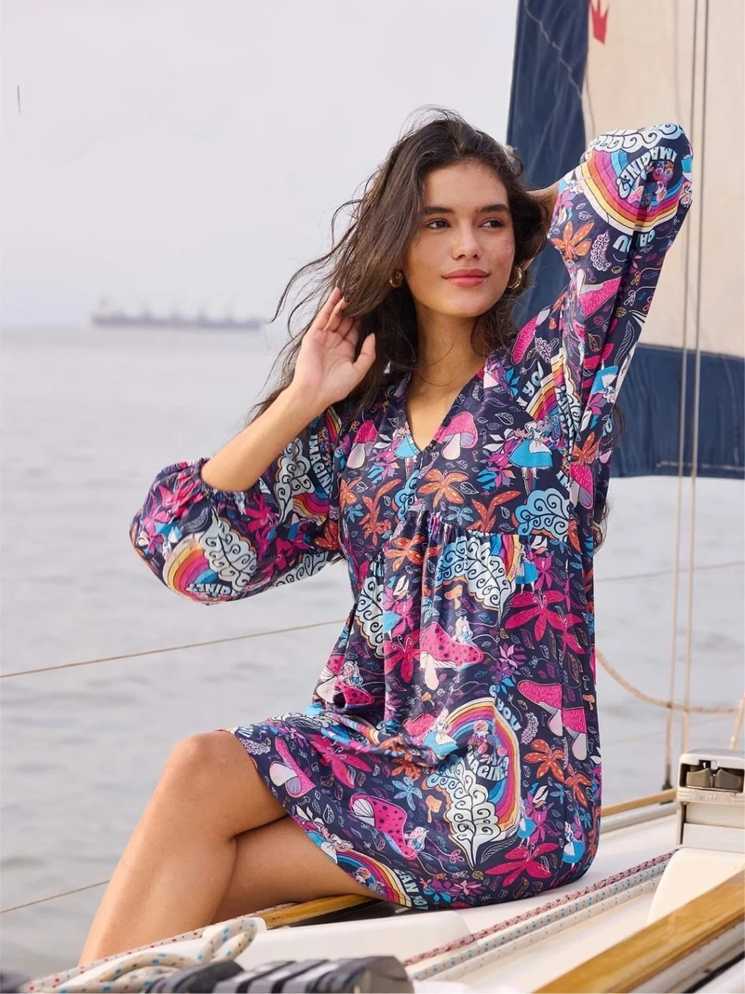 Wonderland Dreams V-Neck Mini Dress - Whimsical Mushroom Print