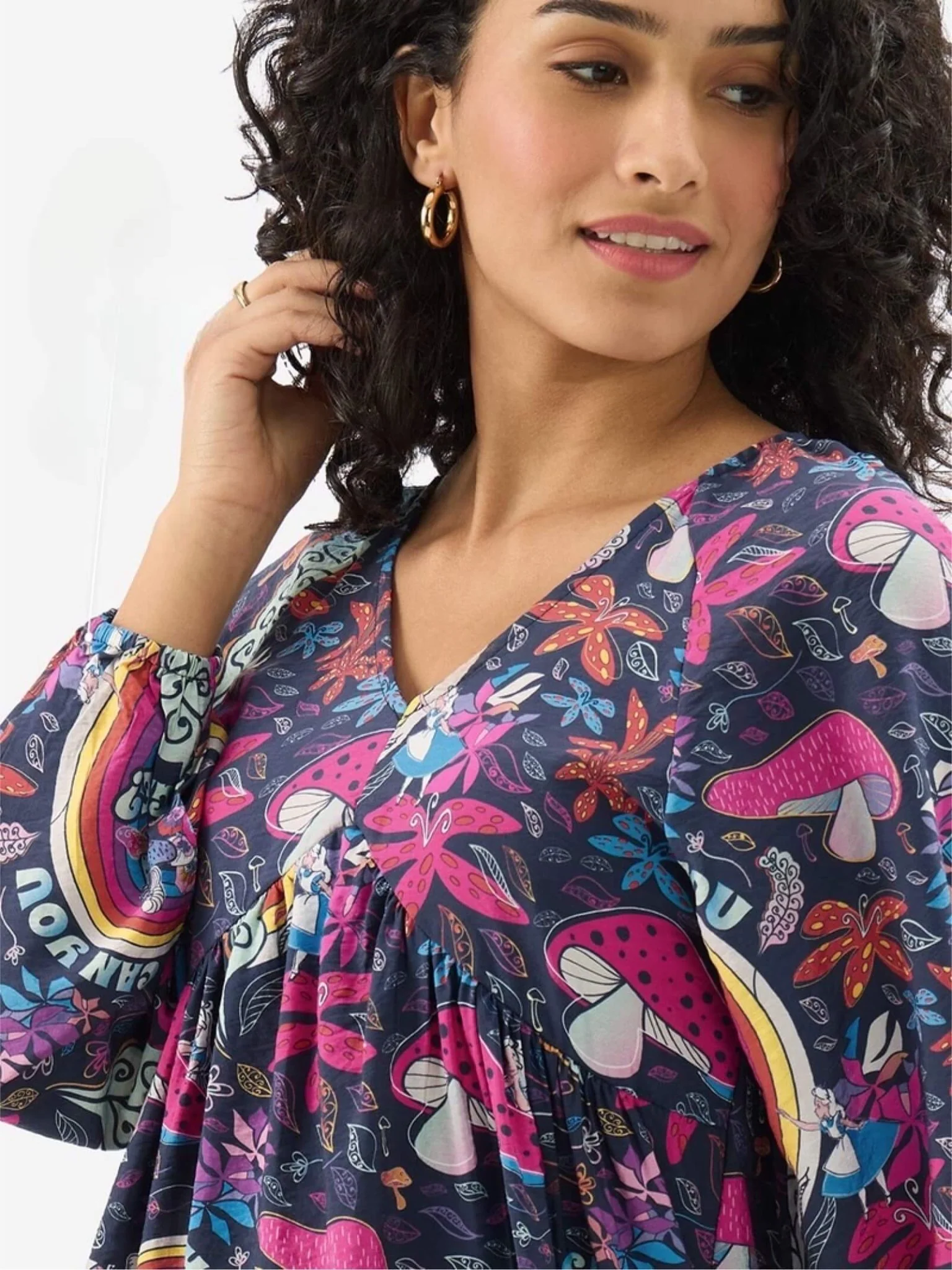 Wonderland Dreams V-Neck Mini Dress - Whimsical Mushroom Print - Image 3