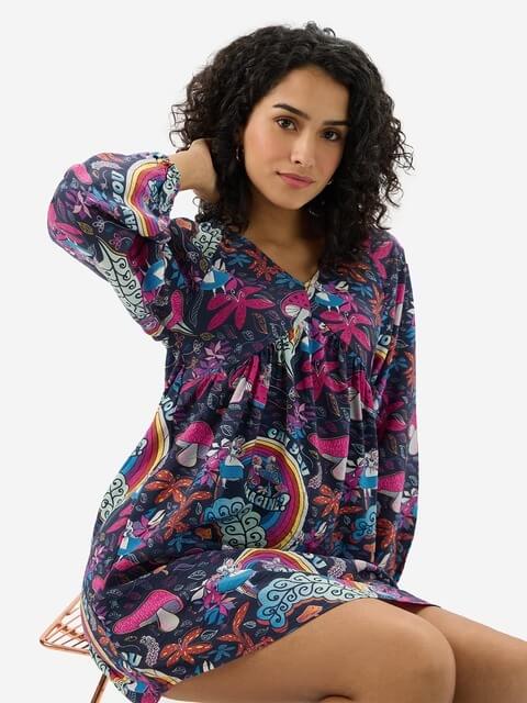 Wonderland Dreams V-Neck Mini Dress - Whimsical Mushroom Print - Image 4