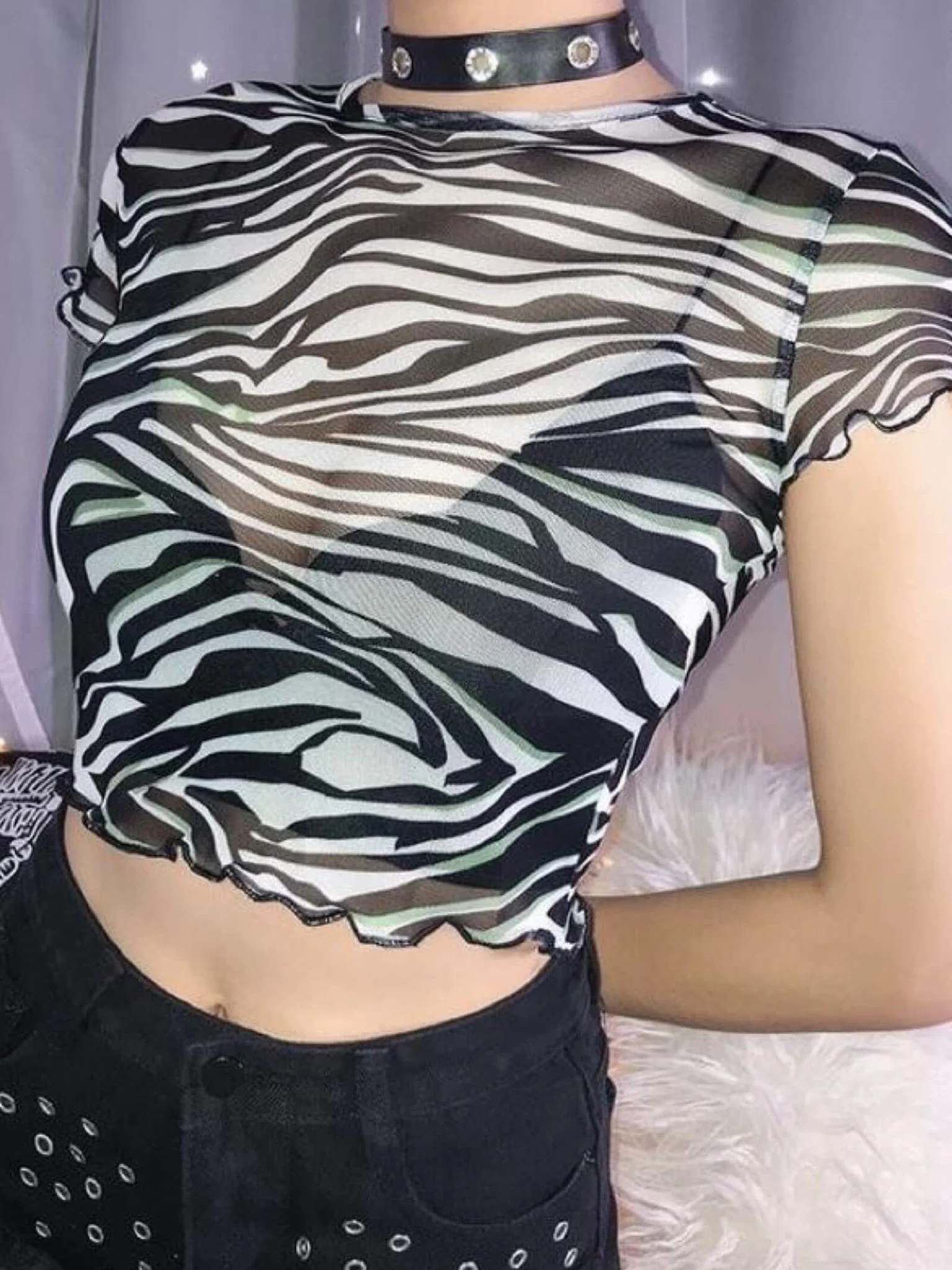 Zebra Striped Printed Mesh Crop Top