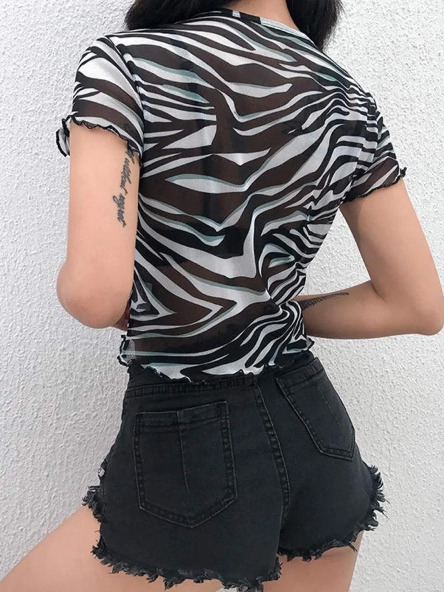 Zebra Striped Printed Mesh Crop Top - Image 3